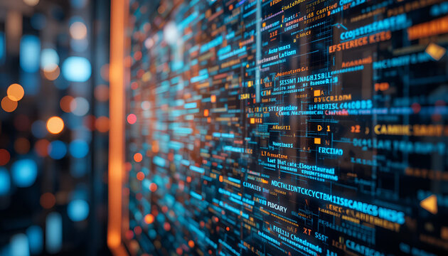 Vibrant coding background with colorful code on screen in a dark room with blurred lights