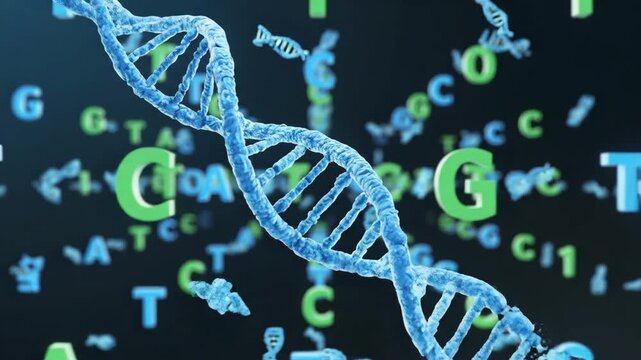 Dynamic 3D animation of a DNA double helix and floating genetic code letters. Represents biology, genetics, and scientific research.