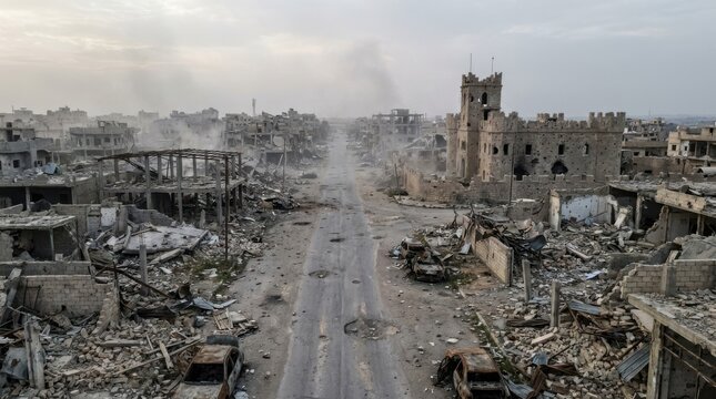 Devastated city street with ruined buildings and destroyed vehicles