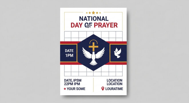 National Day of Prayer flyer template with Christian symbols dove cross and event details for religious gatherings and community events
