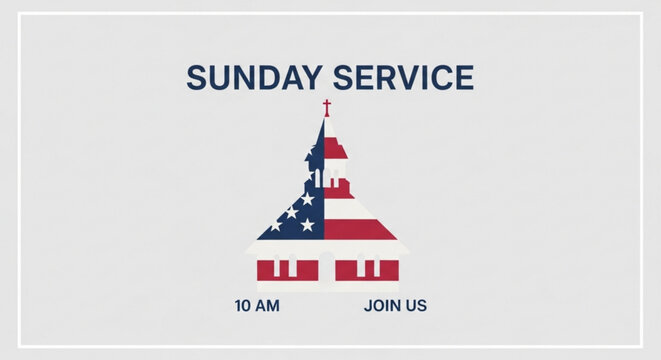 Church steeple with American flag design Sunday Service 10 AM Join Us text for religious events and community gatherings vector illustration