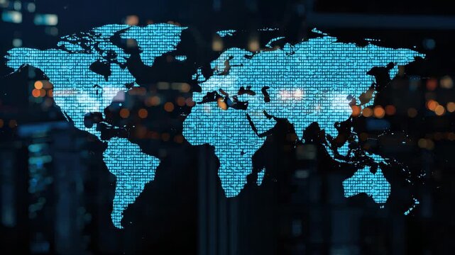 Digital world map overlay with glowing binary code and data nodes amid city bokeh lights