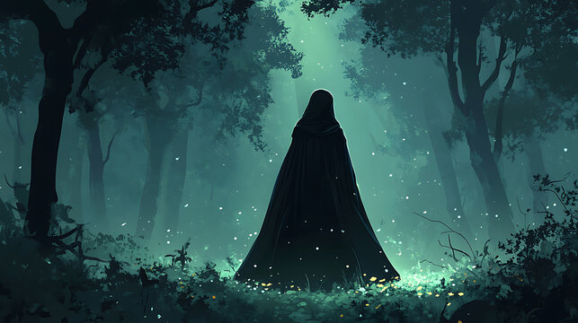 Mysterious cloaked figure in a dark enchanted forest at night.
