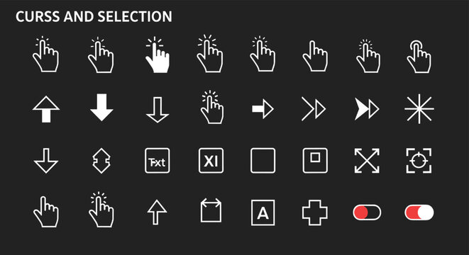 Comprehensive collection of various computer cursor, pointer, and selection icons in white line style on a dark background.