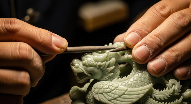Artisan meticulously carving intricate details into a jade dragon sculpture.
