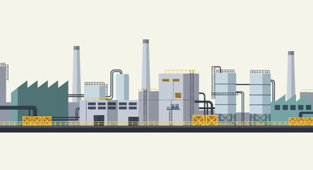 Obraz premium Industrial factory buildings with smokestacks and pipelines.