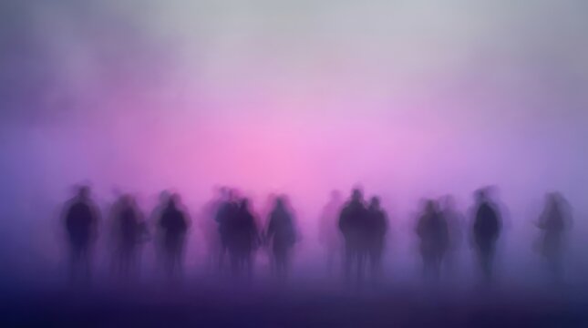 Abstract blurred silhouettes of people in a purple and pink fog