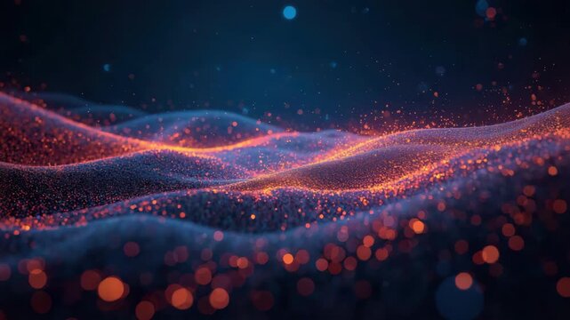 Glowing particle landscape with undulating neon waves and warm orange glowing particle motion