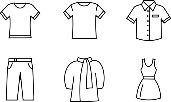 Clothing lineup t shirts pants dress and more black and white sketch