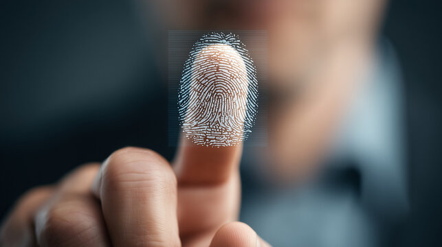 Fingerprint identification on index finger close up focus