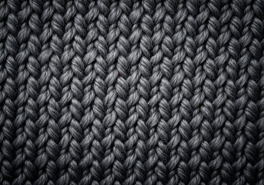 Dark grey knitted fabric texture, close-up of woolen stitches, cozy textile pattern background.