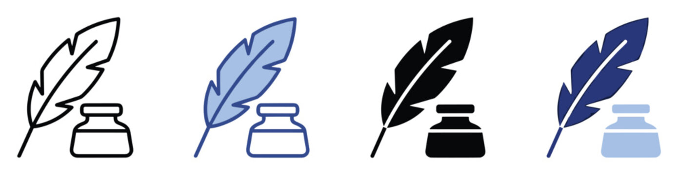 Classic quill pen and inkwell icon set for traditional writing and literary history education materials.