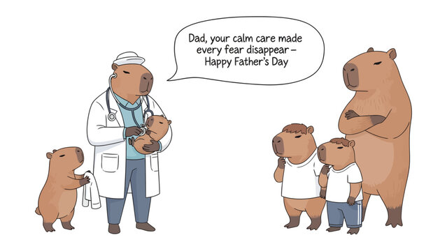 Capybara Family and Doctor's Note: A heartwarming scene unfolds as a capybara family is visited by a capybara doctor, spreading Father's Day cheer and highlighting the importance of parental care. 