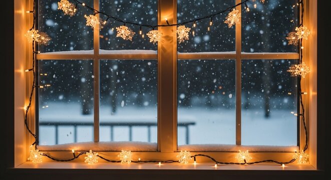 Warm winter window with snowflake lights and falling snow.