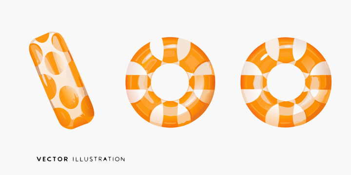 Three orange and white inflatable rings in various perspectives
