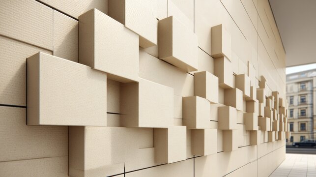 Three dimensional geometric panels create an abstract architectural texture on an exterior building facade