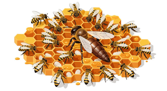 Digital illustration of a queen bee surrounded by worker bees on a honeycomb structure, rendered with a flat, graphic style, featuring bright yellow and white colors against a stark white