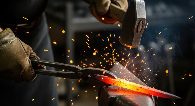 Blacksmith shaping hot metal with hammer and tongs sparks flying.