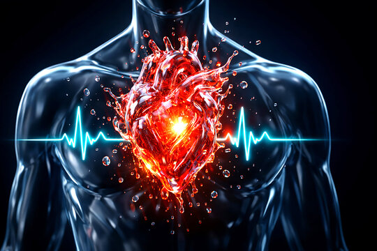 A digital illustration of a human heart exploding with a vibrant ECG line in the background
