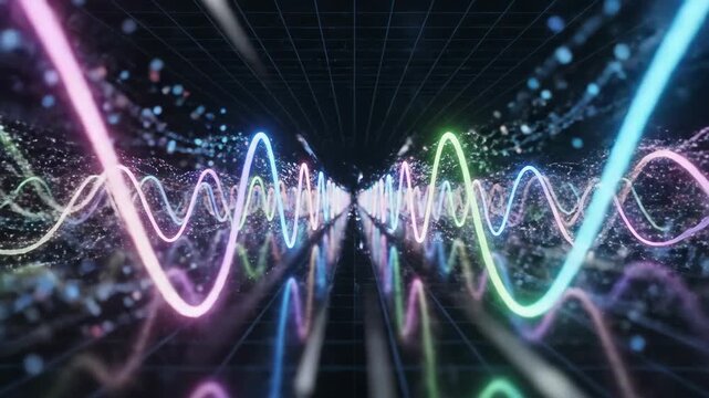 Dynamic visualization of colorful audio waves and data flow in a digital grid environment, perfect for tech concepts.