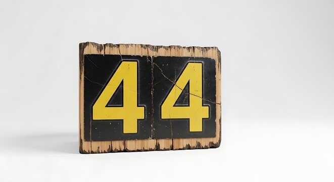 A weathered wooden block displaying the number forty four in bright yellow paint