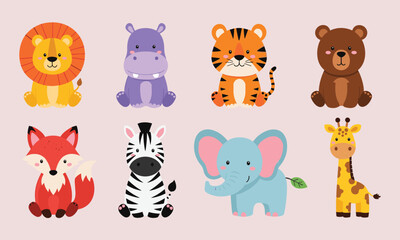 Obraz premium Cute safari animal collection featuring cartoon lion tiger elephant giraffe zebra hippo fox and bear vector set for nursery decor design