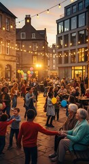 Obraz premium Lively community street festival with people dancing under string lights at sunset in a historic city square.
