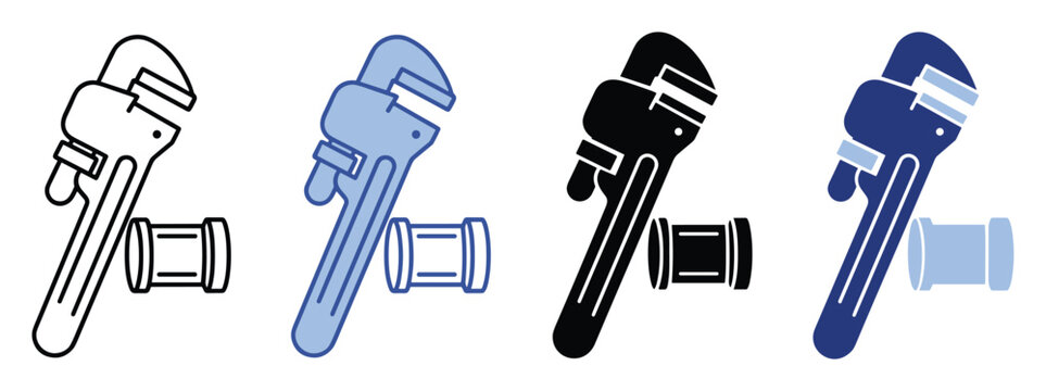 Plumbers adjustable pipe wrench and pipe fitting symbol for home repair and professional service application