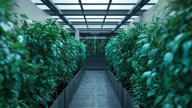 Lush indoor walkway with symmetrical potted plant lined corridor, green foliage glass ceiling