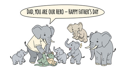 Father's Day with Elephants: A heartwarming illustration showing a family of elephants celebrating Father's Day, highlighting the importance of family bonds and paternal love, with the words Dad. © Azizun