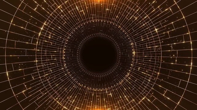 Golden Digital Circular Network Tunnel Abstract Futuristic golden circular pattern with glowing lines forming a digital tunnel effect. Perfect for technology backgrounds, data networks, sci fi visuals