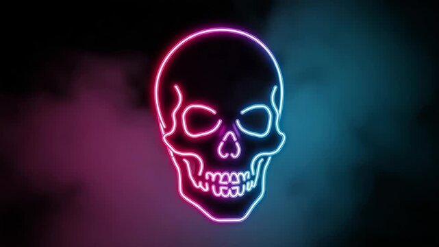 Red and Blue Neon Line Skull Profile