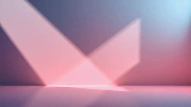Soft pink geometric light beam and triangle crossing minimalist studio wall with pastel pink