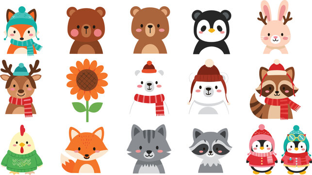 Cute winter animals cartoon set with bear penguin fox raccoon deer in cozy hats and scarves vector illustration
