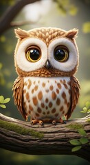 Obraz premium Adorable fluffy owlet with huge innocent eyes perched on a mossy branch in soft dappled sunlight, forest background.