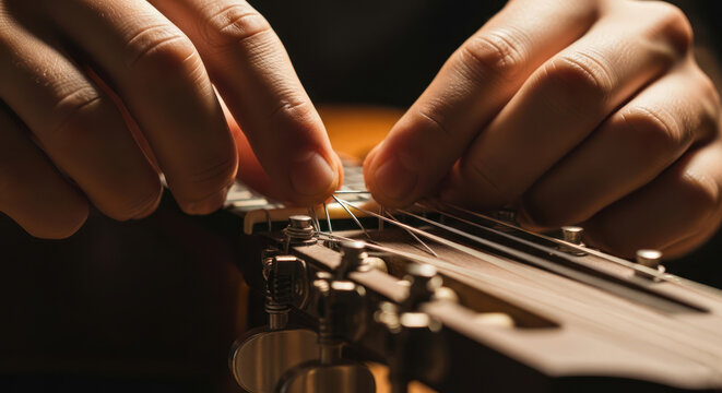 Closeup of Hands Changing Guitar Strings on a Guitar Headstock.