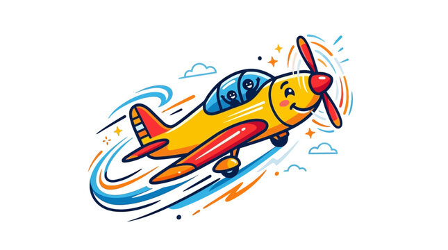 Smiling Yellow Cartoon Airplane Flying Fast.