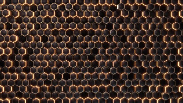 Metallic Honeycomb Grid Pattern cinematic background. tech branding, product packaging visuals hex cells, reflective surfaces shadows depth luxurious geometric texture modern corporate industrial 3D