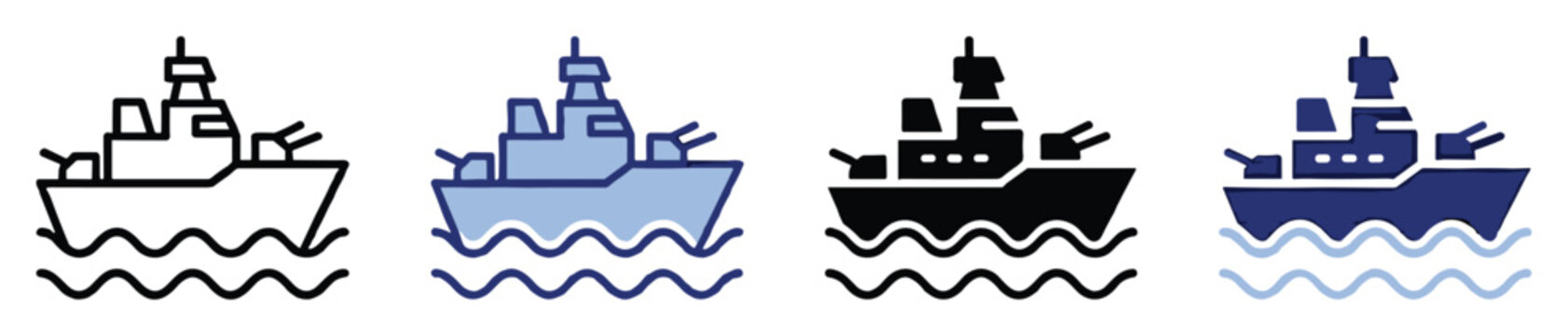 Warship icon set depicting military destroyer vessel sailing on water for navigation applications and maritime safety