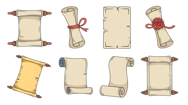 Collection of vintage-style parchment scrolls with decorative borders and floral motifs