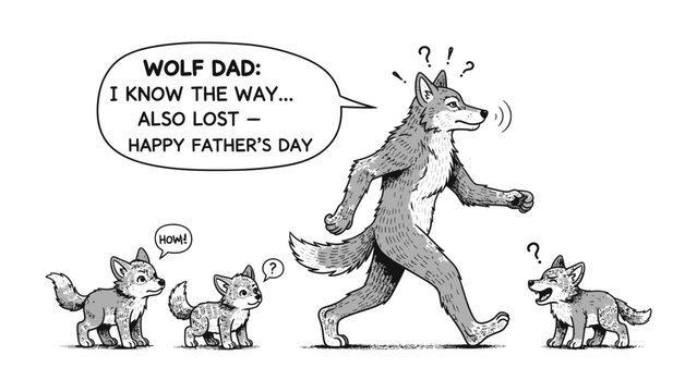 Lost Wolf Dad: A heartwarming illustration captures a comical scene of a wolf dad leading his lost pups, with a speech bubble humorously admitting he too is lost.