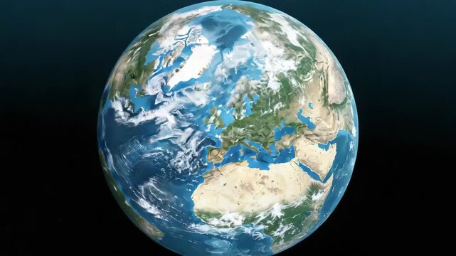Earth globe showing Europe Africa Middle East with clouds oceanic detail floating serene planet view