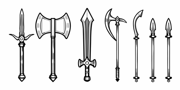 A collection of vintage medieval weaponry including swords axes and spears