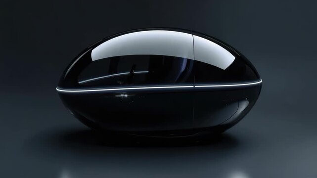 Sleek black pod vehicle capsule with glossy reflective glass canopy and LED rim lighting futuristic