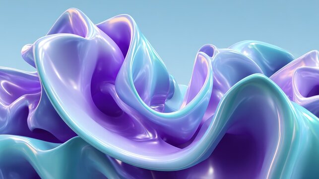 Iridescent, flowing liquid forms undulate against a pale blue background.