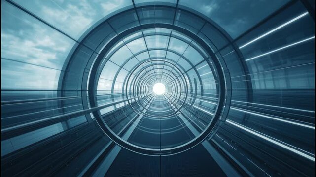 Futuristic glass elevator shaft and tunnel with concentric circular rings forming radiant motion