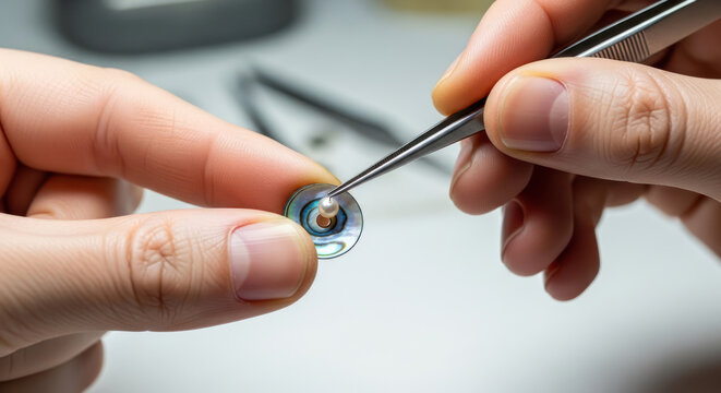 Closeup of Hands Manipulating an Intraocular Lens with Tweezers.