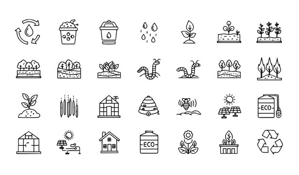 Permaculture line icons set with sustainable farming compost water harvesting and eco design elements vector