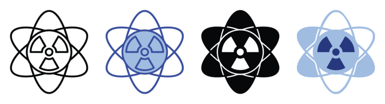 Nuclear radiation atomic symbol icon set for science and energy applications in physics and research facilities.
