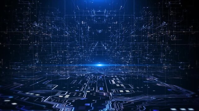 Digital Data Cyberspace Particles Digital Data Network Connections. futuristic grid data visualization, analytics, blockchain elements, big data artificial intelligence Technology abstract background